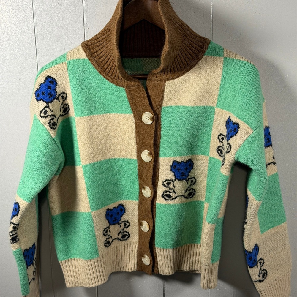 Green Checkerboard Teddy Bear Button Front Cardigan Funnel Neck Sweater